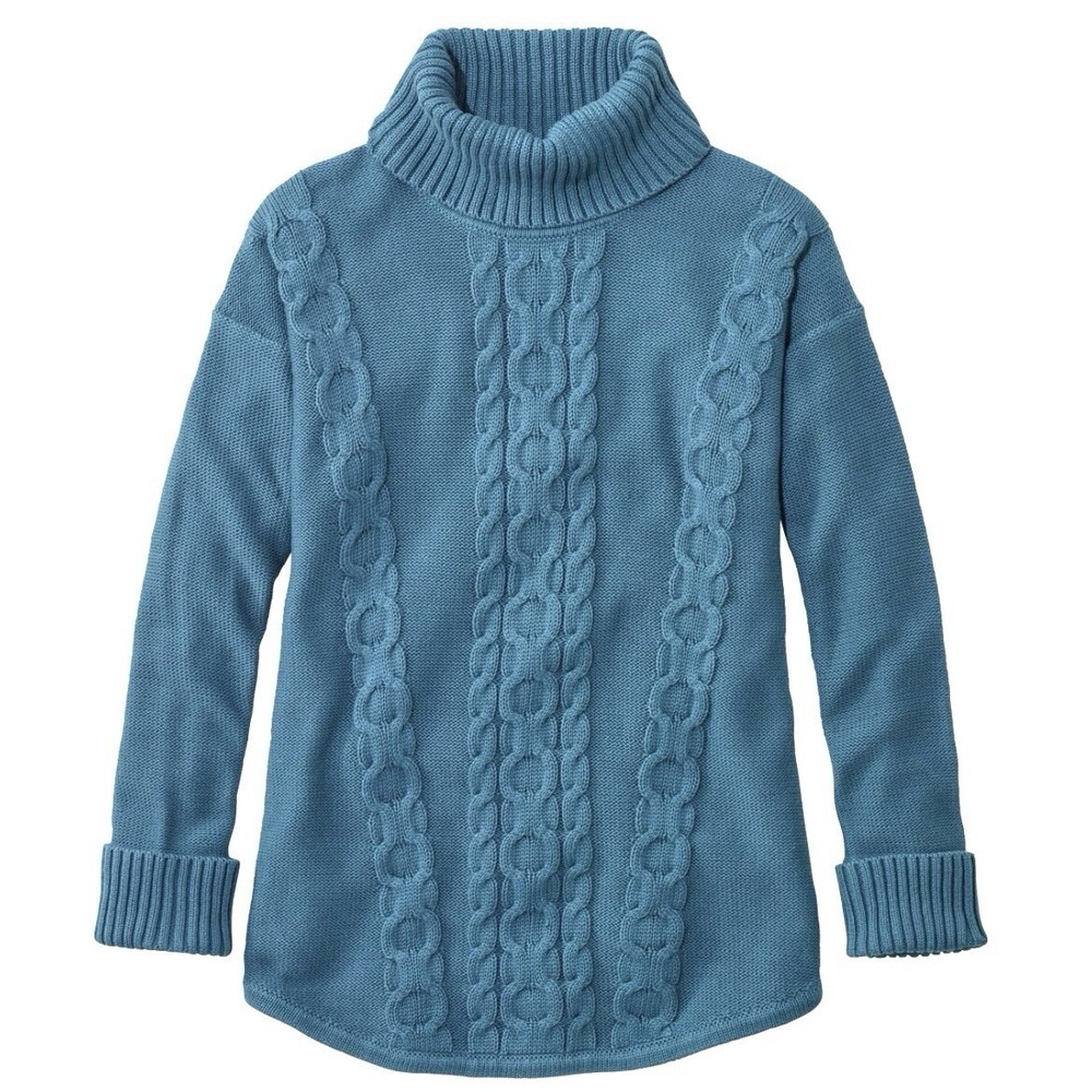 LL Bean Teal Marled Double L Mixed Cable Turtleneck Sweater Size MEDIUM